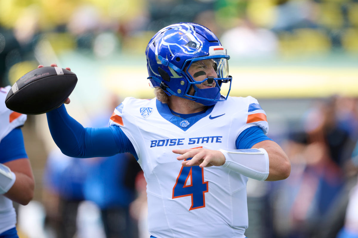 Sep 5, 2026; Eugene, Oregon, USA; Boise State Broncos quarterback Maddux Madsen (4) warms up before a game against the Oregon Ducks at Autzen Stadium. Mandatory Credit: Troy Wayrynen-Imagn Images