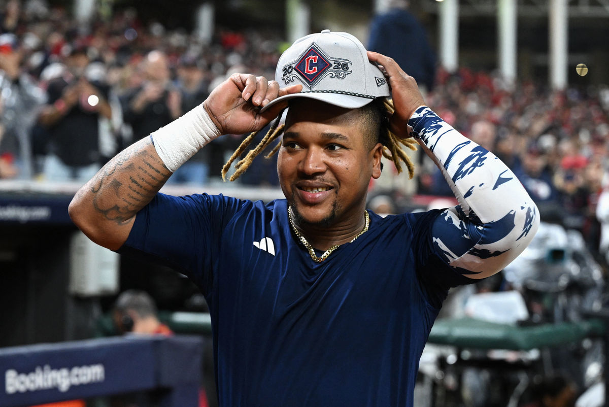 Oct 10, 2026; Cleveland, Ohio, USA; Cleveland Guardians third baseman Jose Ramirez (11) reacts after the win against the Chicago White Sox in game five of the ALDS for the 2026 MLB Playoffs at Progressive Field. Mandatory Credit: David Dermer-Imagn Images