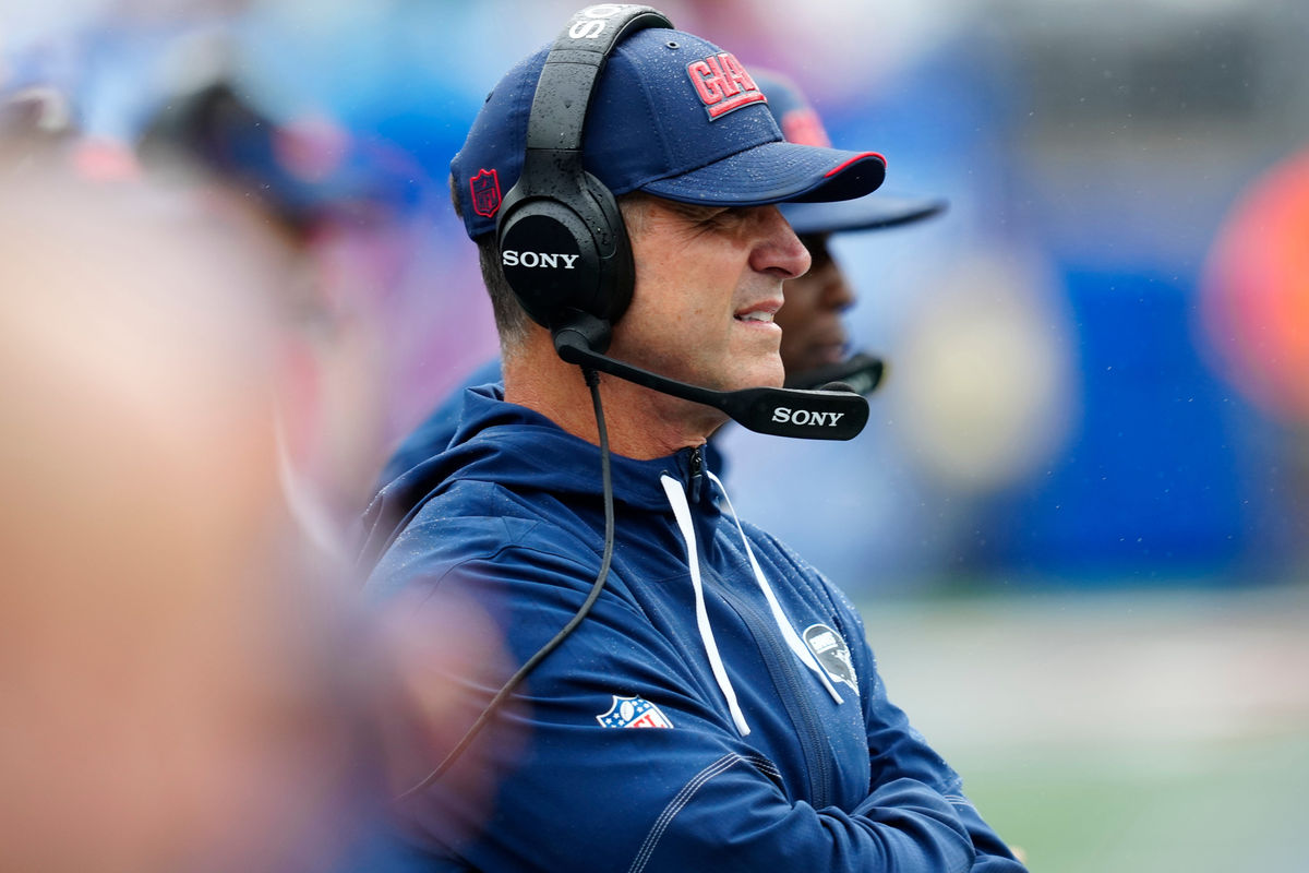 New York Giants Head Coach John Harbaugh, is shown on the sideline, Sunday, October 4, 2026, in East Rutherford.