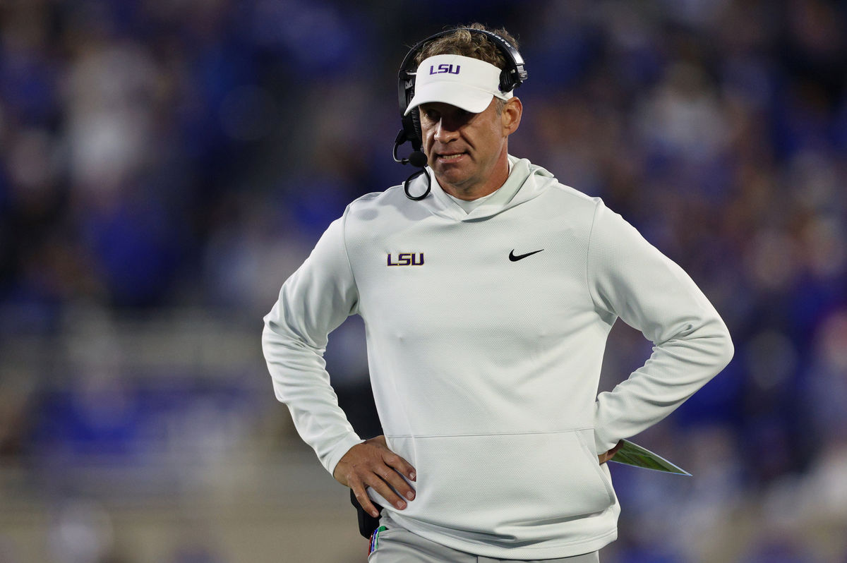 Oct 10, 2026; Lexington, Kentucky, USA; LSU Tigers head coach Lane Kiffin walks on the sideline during the first quarter against the Kentucky Wildcats t Kroger Field. Mandatory Credit: Jordan Prather-Imagn Images