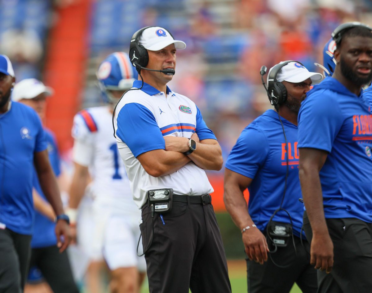 Florida head coach Jon Sumrall watches the action against South Carolina during the second half of an NCAA football at Steve Spurrier Field at Ben Hill Griffin Stadium in Gainesville, FL on Saturday, October 10, 2026. [Alan Youngblood/Gainesville Sun]