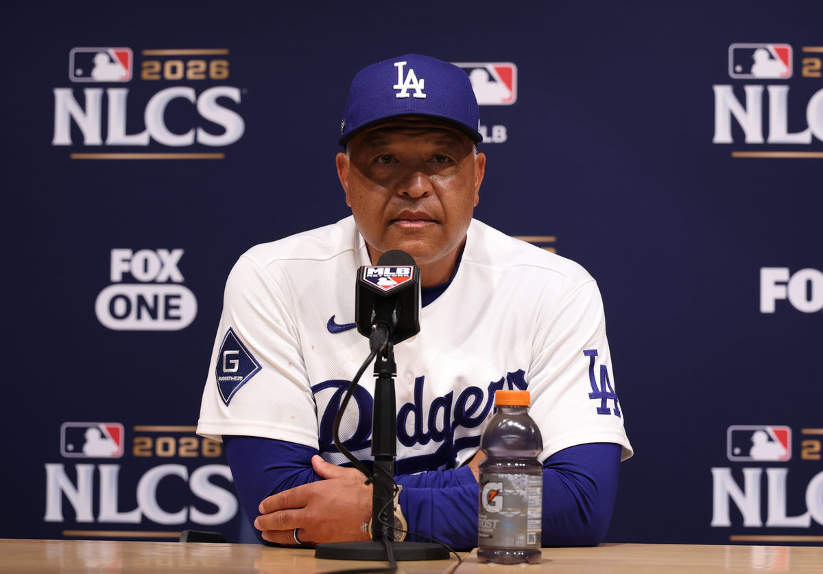 Oct 15, 2026; Los Angeles, California, USA; Los Angeles Dodgers manager Dave Roberts at a press conference after game four of the NLCS for the 2026 MLB Playoffs against the Milwaukee Brewers at Uniqlo Field at Dodger Stadium. Mandatory Credit: Kiyoshi Mio-Imagn Images