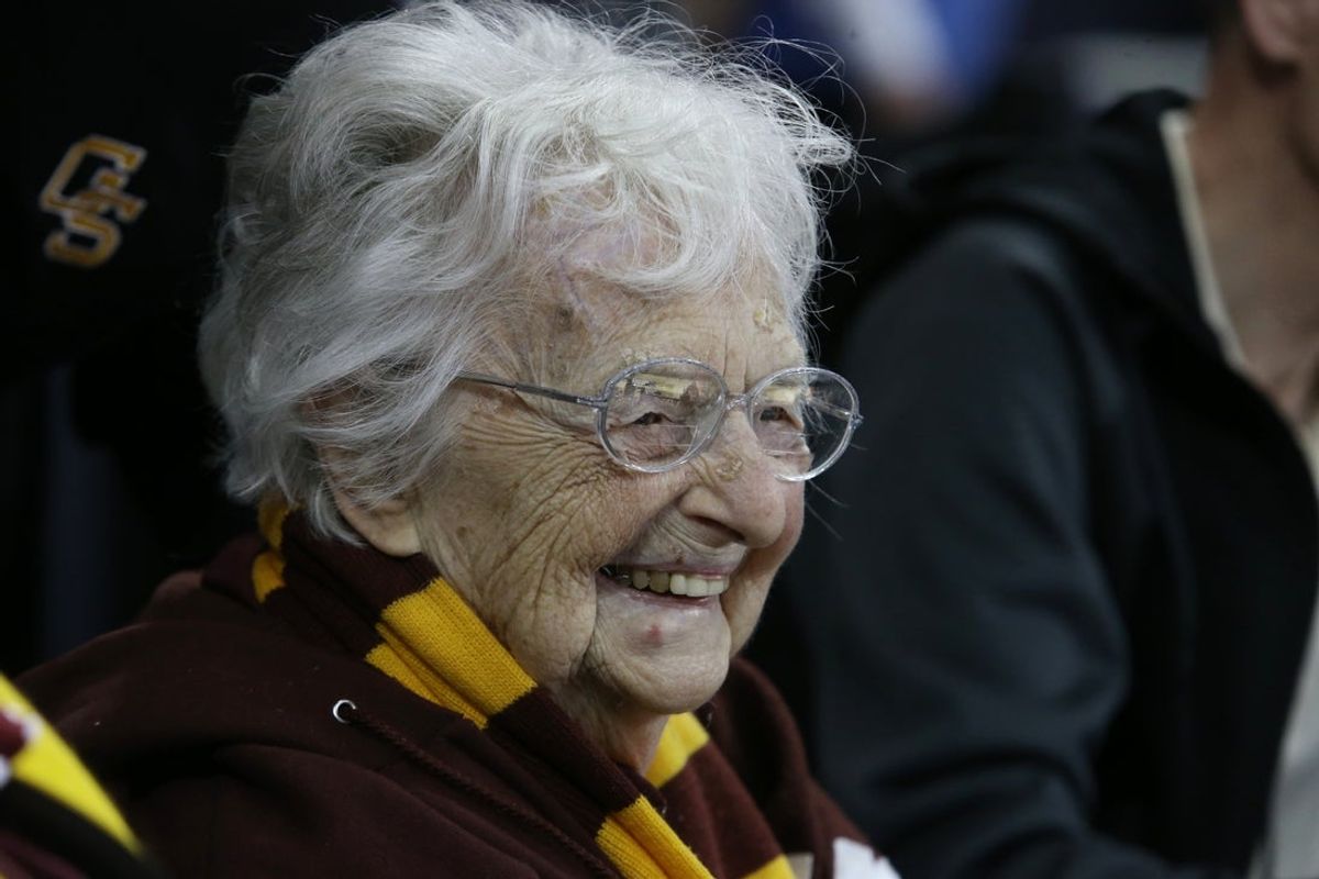 Mar 18, 2022; Pittsburgh, PA, USA; Loyola super fan/good luck Cham Sister Jean the chsplin at Loyola Chicago  before the start of the game between the Loyola (Il) Ramblers and the Ohio State Buckeyes during the first round of the 2022 NCAA Tournament at PPG Paints Arena. Mandatory Credit: Charles LeClaire-Imagn Images