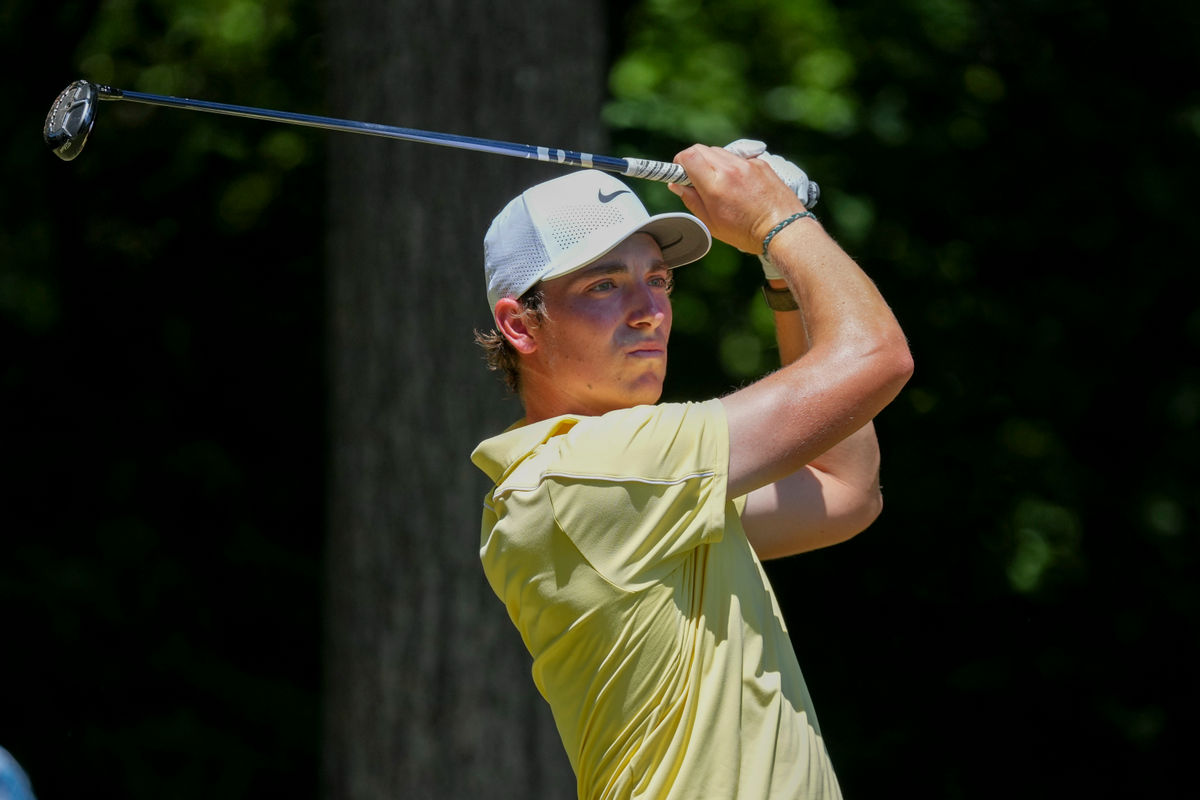 Aug 9, 2026; Greensboro, North Carolina, USA; Ben James watches his tee shot on number two during the final round of the Wyndham Championship golf tournament. Mandatory Credit: Jim Dedmon-Imagn Images