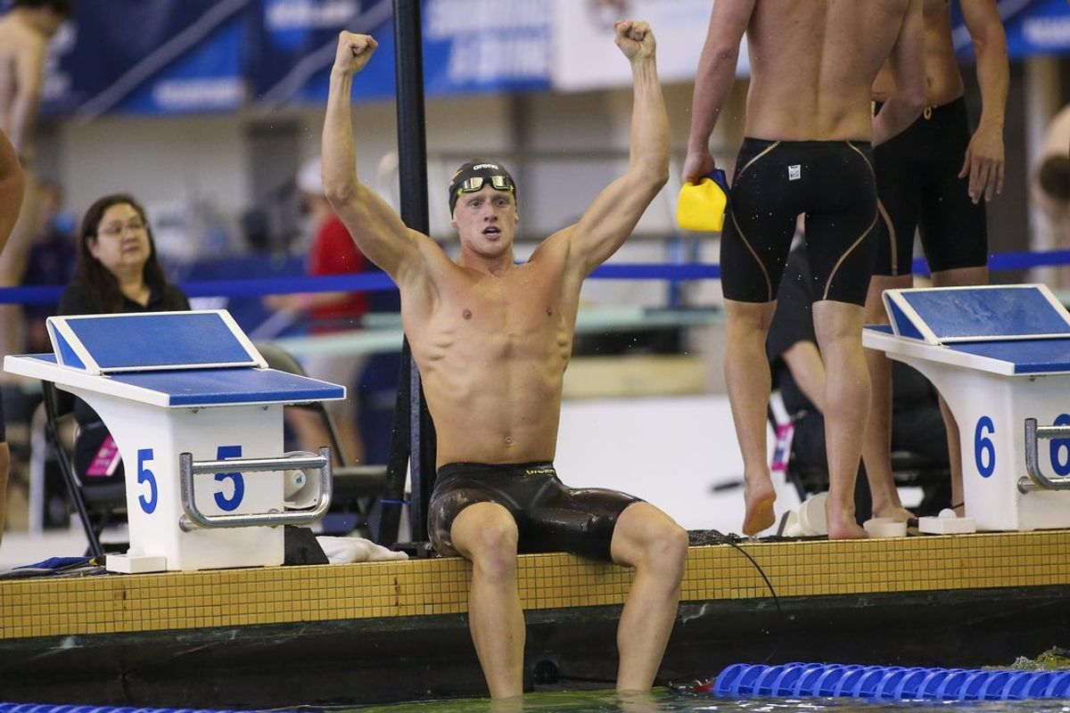 Mar 23, 2022; Atlanta, GA, USA; Arizona State Sun Devils swimmer Grant House celebrates after the 200-yard medley relay at the NCAA Mens Swimming & Diving Championships at McAuley Aquatic Center. Mandatory Credit: Brett Davis-Imagn Images