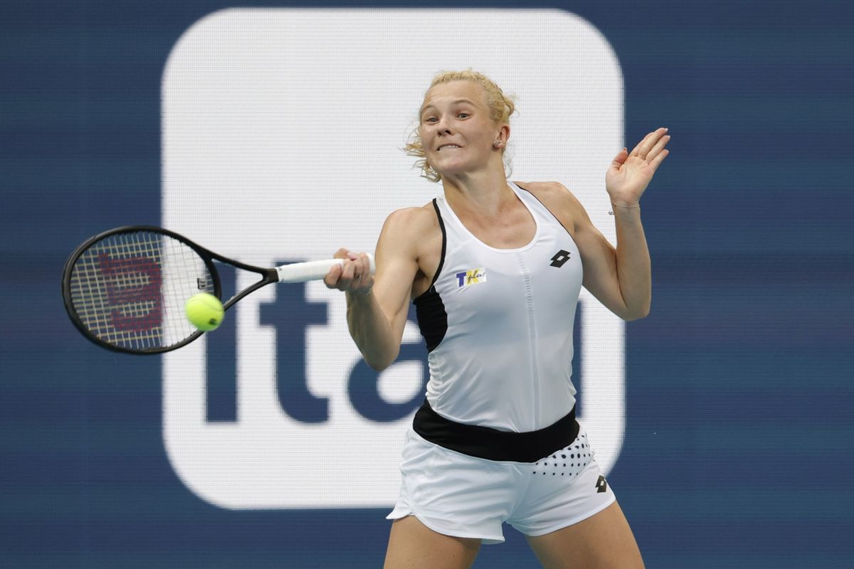 Mar 24, 2022; Miami Gardens, FL, USA; Katerina Siniakova (CZE) hits a forehand against Emma Raducanu (GBR) (not pictured) in a second round women's singles match in the Miami Open at Hard Rock Stadium. Mandatory Credit: Geoff Burke-USA TODAY Sports