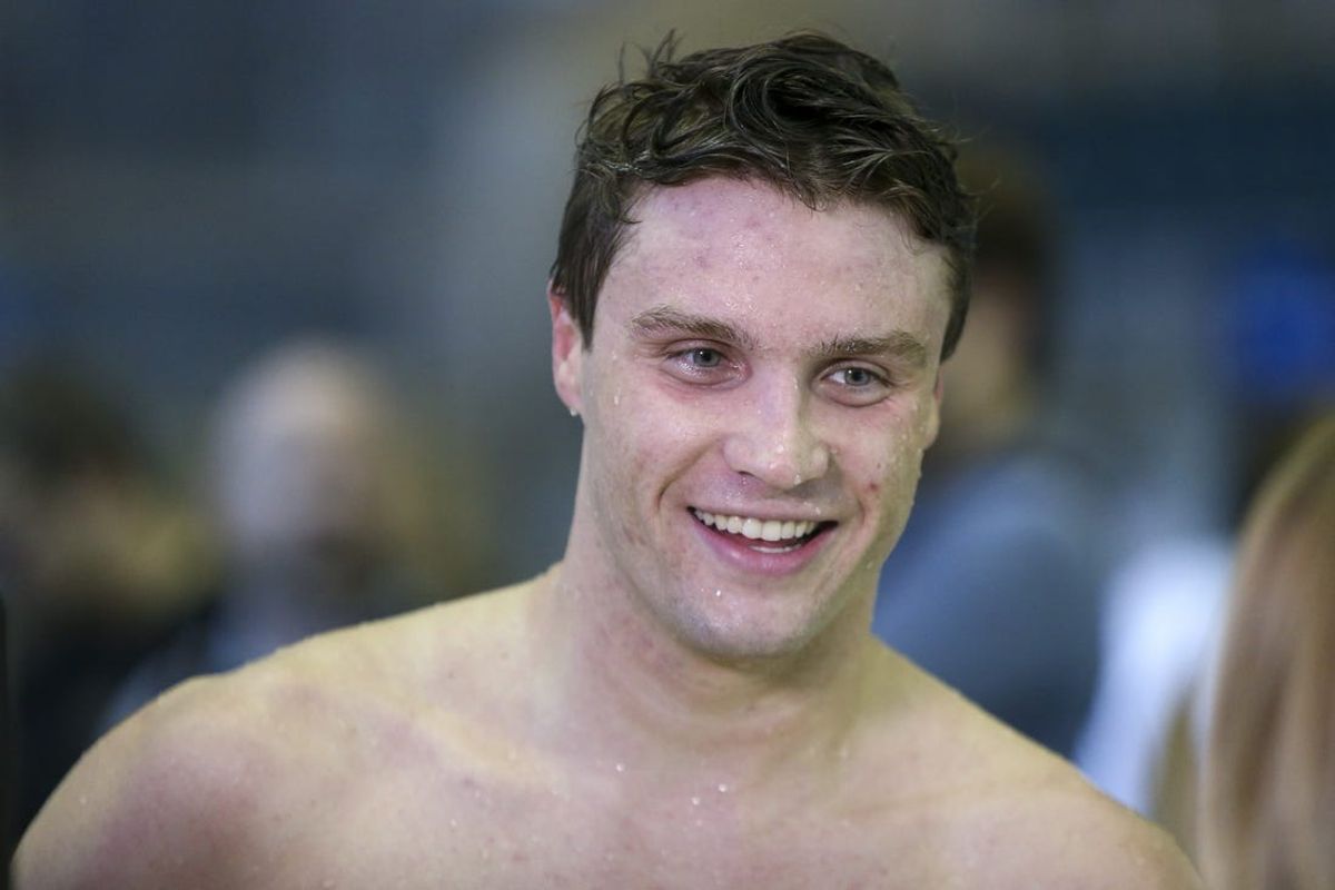 Mar 26, 2022; Atlanta, GA, USA; Florida Gators swimmer Bobby Finke celebrates after winning the 1650 free at the NCAA Mens Swimming & Diving Championships at McAuley Aquatic Center. Mandatory Credit: Brett Davis-USA TODAY Sports