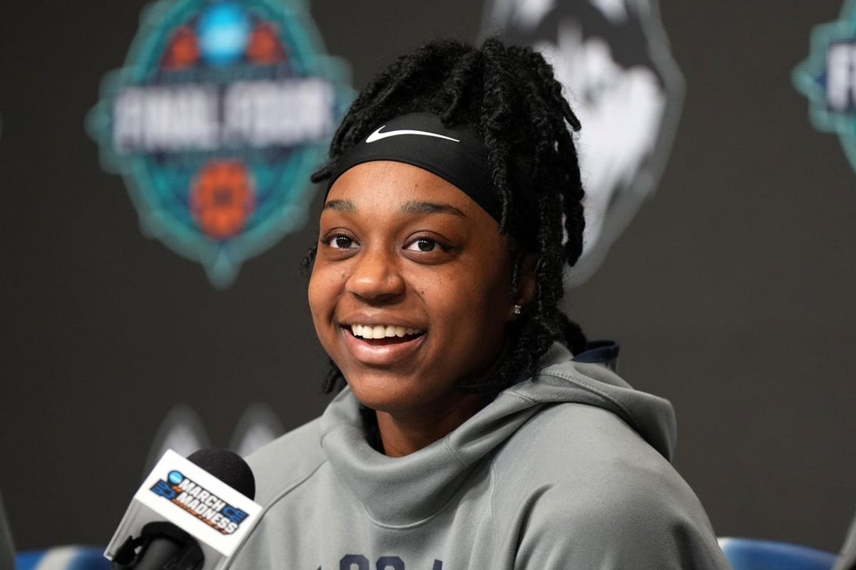 Mar 31, 2022; Minneapolis, MN, USA; Connecticut Huskies guard Christyn Williams during NCAA women's Final Four press conference at Target Center. Mandatory Credit: Kirby Lee-Imagn Images