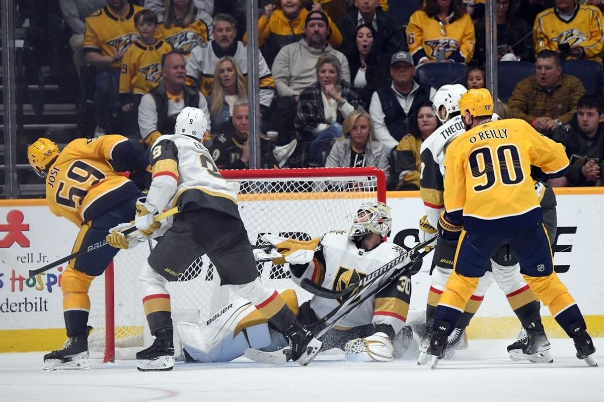 Mar 26, 2024; Nashville, Tennessee, USA; Nashville Predators defenseman Roman Josi (59) scores the game-winning goal against Vegas Golden Knights goaltender Jiri Patera (30) in overtime at Bridgestone Arena.