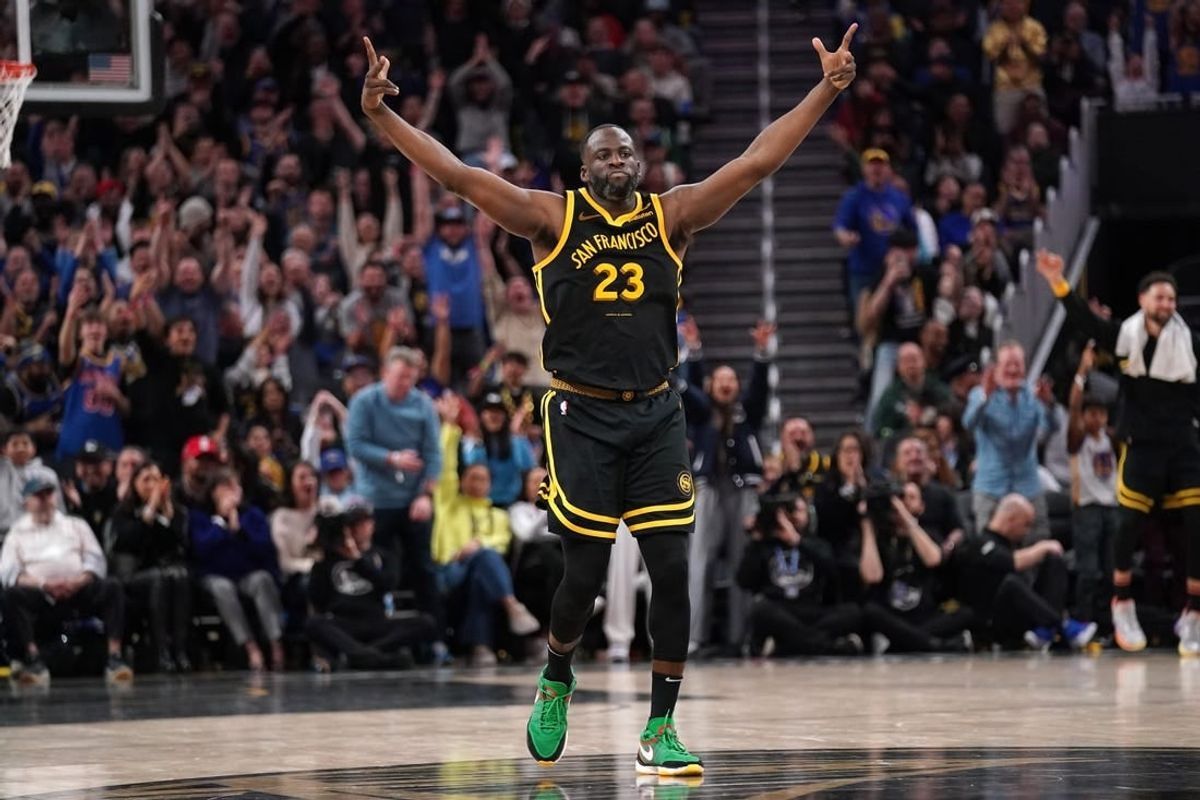 Mar 6, 2024; San Francisco, California, USA; Golden State Warriors forward Draymond Green (23) reacts after making a three point basket against the Milwaukee Bucks in the fourth quarter at the Chase Center.