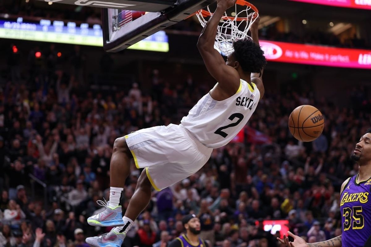 Jan 13, 2024; Salt Lake City, Utah, USA; Utah Jazz guard Collin Sexton (2) dunks the ball against the Los Angeles Lakers during the fourth quarter at Delta Center.