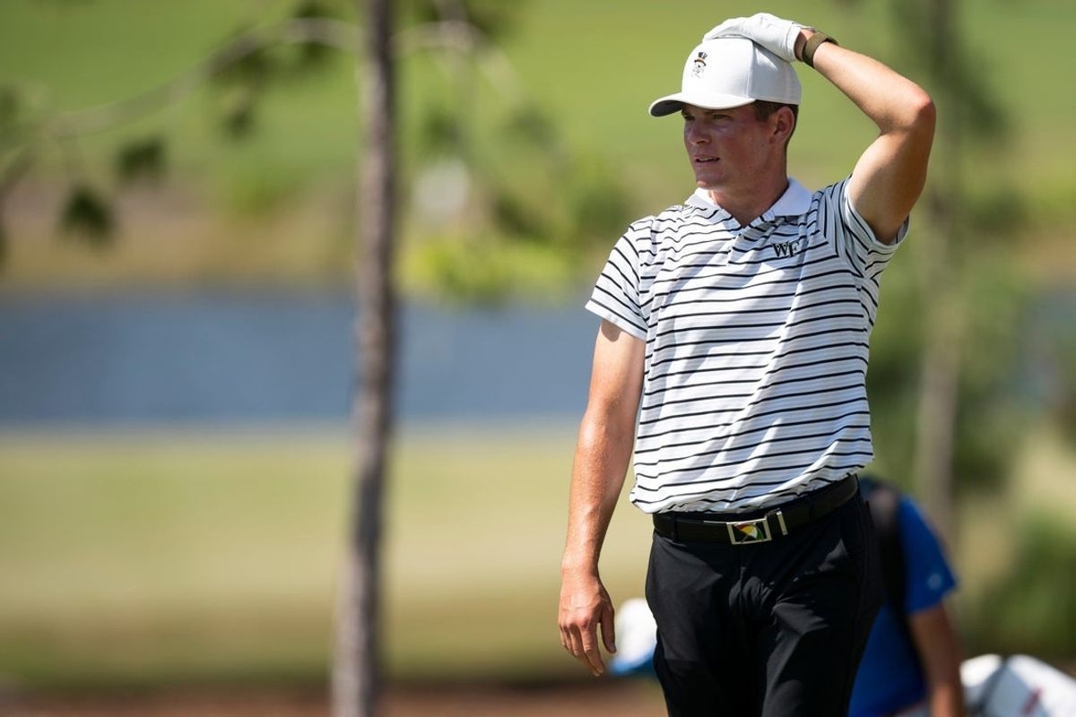 Wake Forest's Michael Brennan reacts after teeing off on the 17th hole during the final round of the Calusa Cup, Tuesday, April 5, 2022, at Calusa Pines Golf Club in Naples, Fla.Georgia Tech won the tournament as a team with a score of 856 Florida's Fred Biondi and Georgia Tech's Bartley Forrester won the tournament as individuals with a score of 211.

College Golf: Calusa Cup final round, April 5, 2022