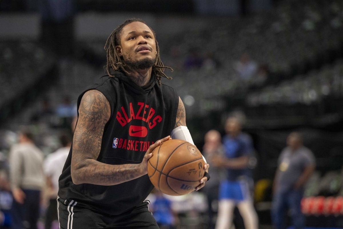 Apr 8, 2022; Dallas, Texas, USA; Portland Trail Blazers guard Ben McLemore (23) warms up before the game between the Dallas Mavericks and the Portland Trail Blazers at the American Airlines Center. Mandatory Credit: Jerome Miron-Imagn Images