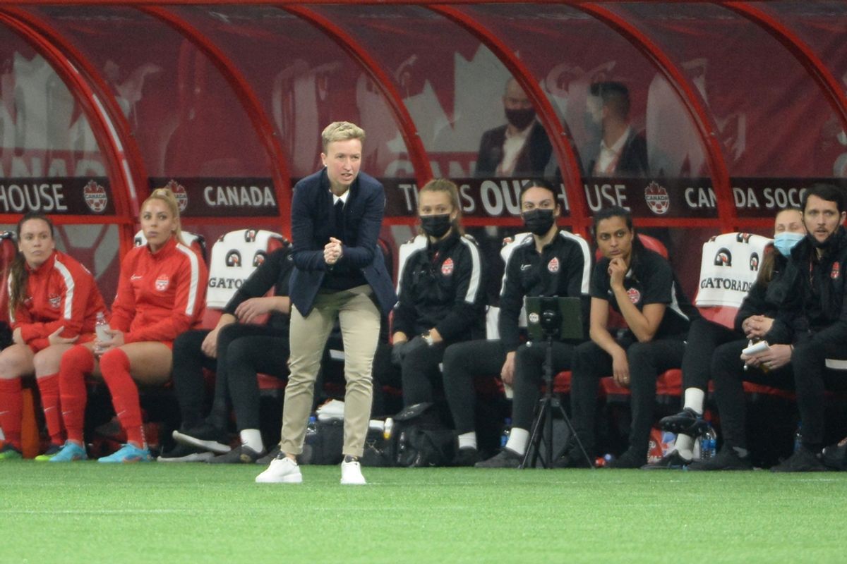 Apr 8, 2022; Vancouver, BC, Canada;  Women's Canadian National team head coach Bev Priestman reacts on the side of the pitch against Women's Nigeria National team during the first half at BC Place. Mandatory Credit: Anne-Marie Sorvin-USA TODAY Sports