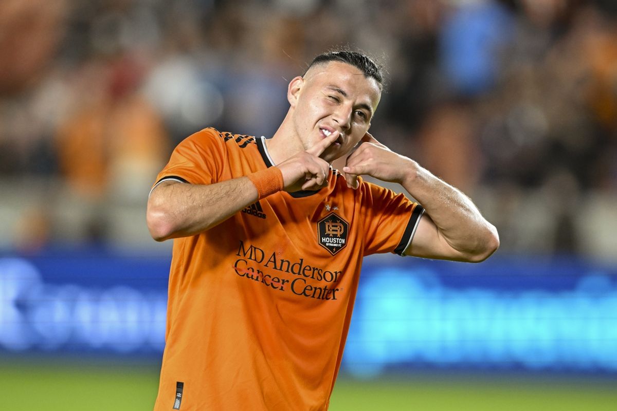 Apr 9, 2022; Houston, Texas, USA;  Houston Dynamo forward Sebastian Ferreira (9) reacts to score a goal in the second half against San Jose Earthquakes at PNC Stadium. Mandatory Credit: Maria Lysaker-Imagn Images