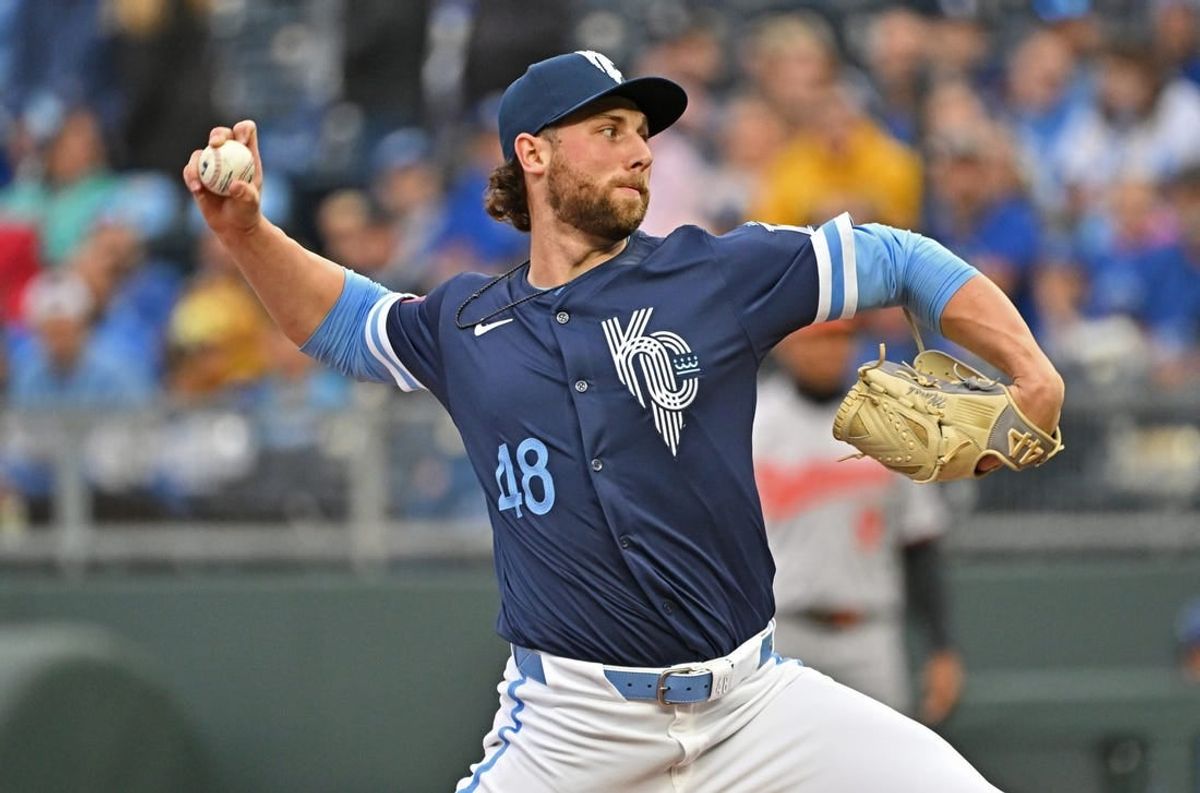 Apr 19, 2024; Kansas City, Missouri, USA; Kansas City Royals starting pitcher Alec Marsh (48) delivers a pitch in the first inning against the Baltimore Orioles at Kauffman Stadium.