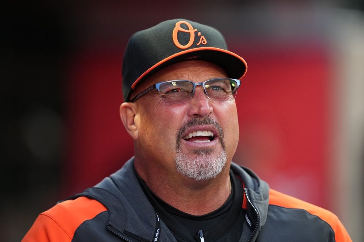 Apr 22, 2022; Anaheim, California, USA; Baltimore Orioles bench coach Fredi Gonzalez reacts during the game against the Los Angeles Angels at Angel Stadium. Mandatory Credit: Kirby Lee-Imagn Images