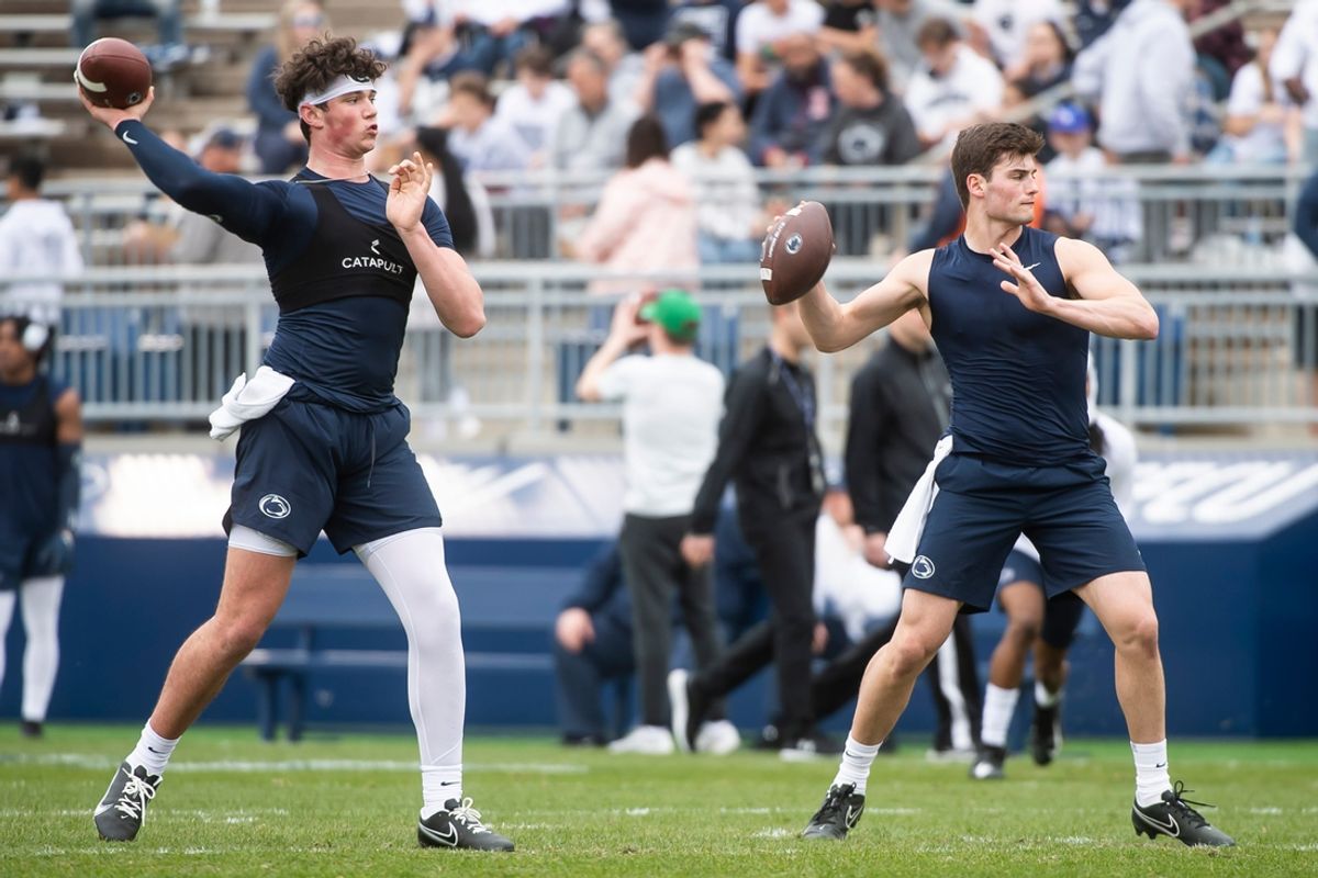 Penn State's two freshman quarterbacks, Drew Allar (left) and Beau Pribula, throw during warmups before the start of the 2022 Blue-White game at Beaver Stadium on Saturday, April 23, 2022, in State College.

Hes Dr 042322 Bluewhite