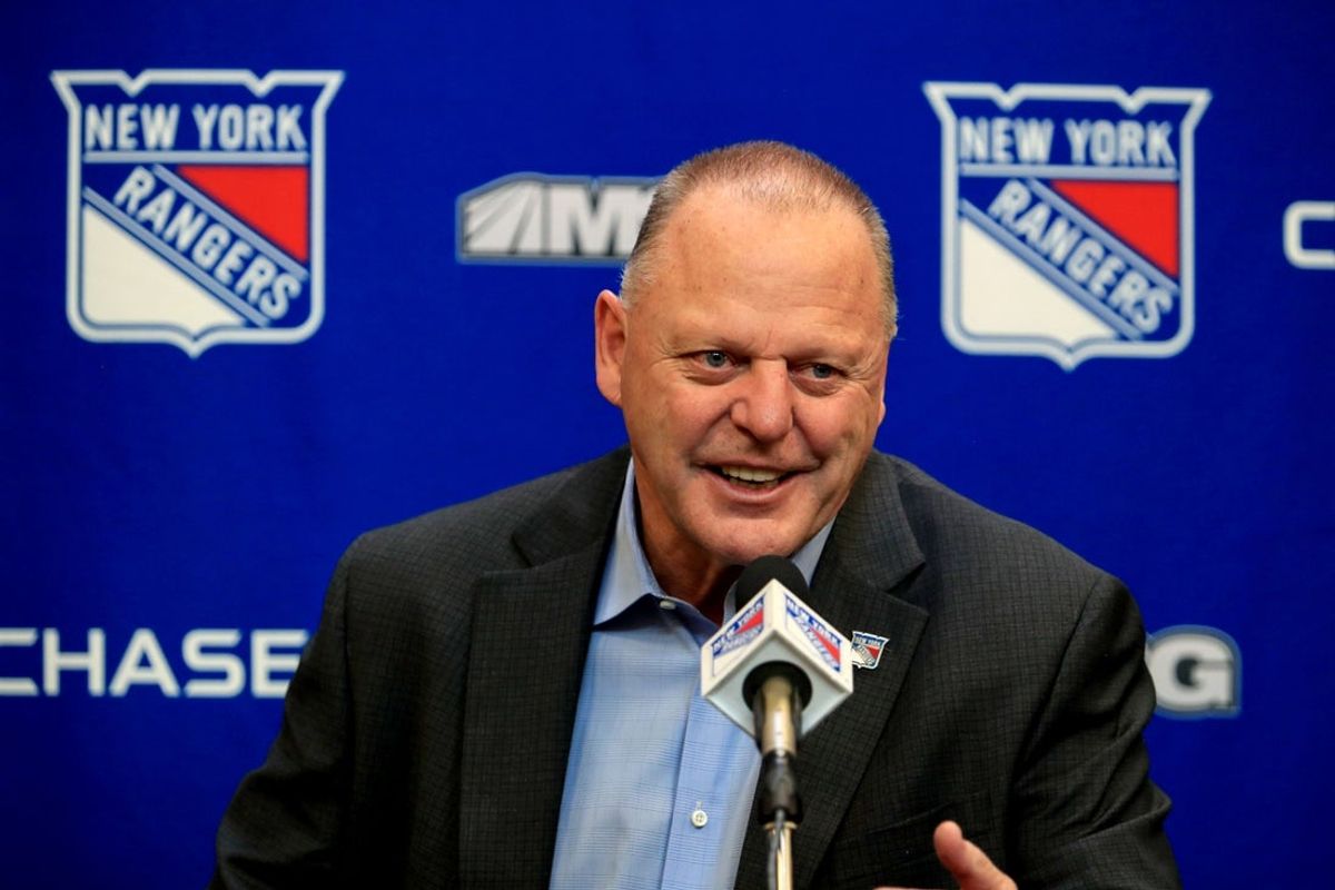 Apr 29, 2022; New York, New York, USA; New York Rangers head coach Gerard Gallant speaks to the media following a 3-2 win against the Washington Capitals at Madison Square Garden. Mandatory Credit: Danny Wild-Imagn Images