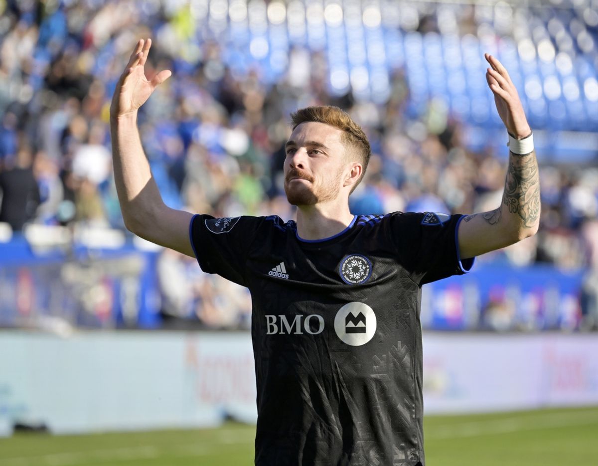 Apr 30, 2022; Montreal, Quebec, CAN; CF Montreal defender Joel Waterman (16) reacts after the win against Atlanta United FC at Stade Saputo. Mandatory Credit: Eric Bolte-USA TODAY Sports