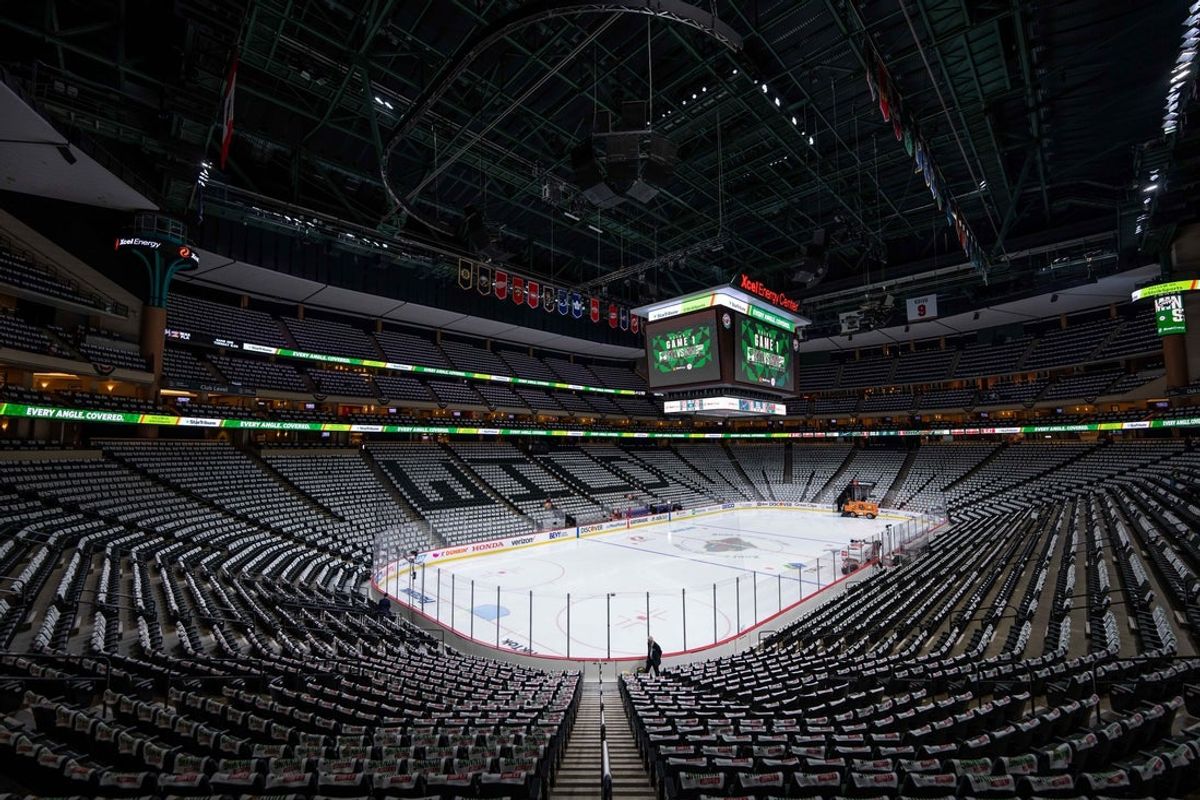 May 2, 2022; Saint Paul, Minnesota, USA; A general view of Xcel Energy Center before the game between the Minnesota Wild and St. Louis Blues in game one of the first round of the 2022 Stanley Cup Playoffs . Mandatory Credit: Brad Rempel-Imagn Images