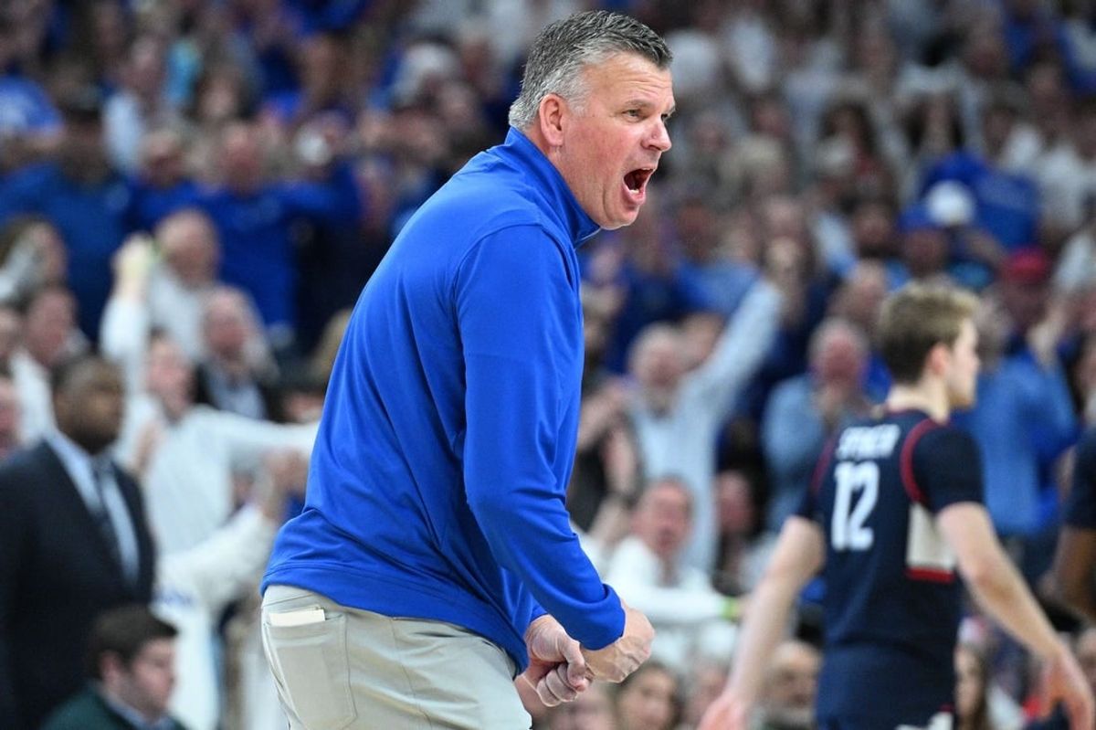 Feb 20, 2024; Omaha, Nebraska, USA;  Creighton Bluejays head coach Greg McDermott reacts to play in the game against the Connecticut Huskies in the second half at CHI Health Center Omaha.
