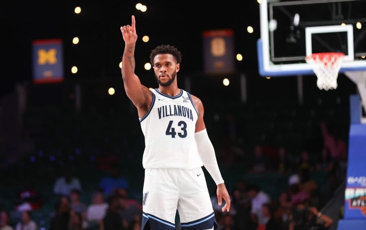 Nov 24, 2023; Paradise Island, BAHAMAS;  Villanova Wildcats forward Eric Dixon (43) reacts during the second half against the Memphis Tigers at Imperial Arena.