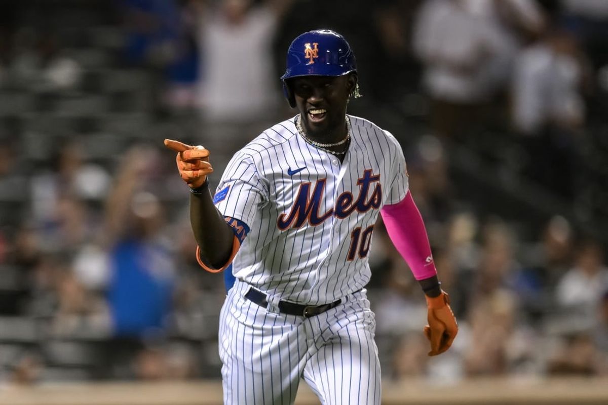 Sep 12, 2023; New York City, New York, USA; New York Mets shortstop Ronny Mauricio (10) reacts after hitting a two run home run against the Arizona Diamondbacks during the fourth inning at Citi Field.