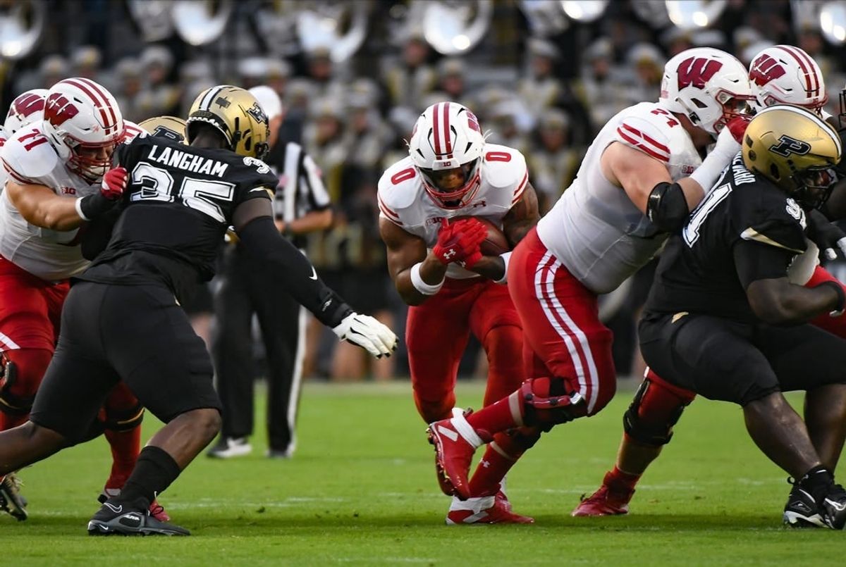 Sep 22, 2023; West Lafayette, Indiana, USA; Wisconsin Badgers running back Braelon Allen (0) runs the ball during the first half at Ross-Ade Stadium.