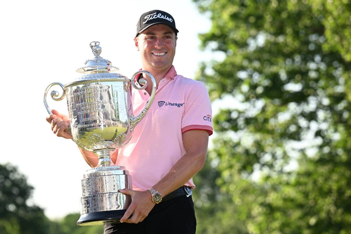 May 22, 2022; Tulsa, Oklahoma, USA; Justin Thomas poses with the Wanamaker trophy after winning the PGA Championship golf tournament at Southern Hills Country Club. Mandatory Credit: Orlando Ramirez-Imagn Images