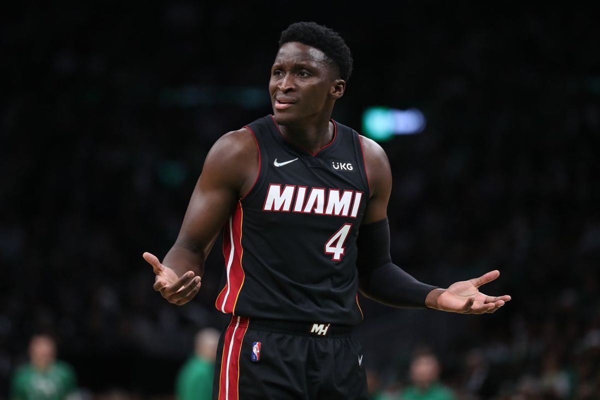 May 23, 2022; Boston, Massachusetts, USA; Miami Heat guard Victor Oladipo (4) reacts to ally in the first half against the Boston Celtics during game four of the 2022 eastern conference finals at TD Garden. Mandatory Credit: Paul Rutherford-Imagn Images