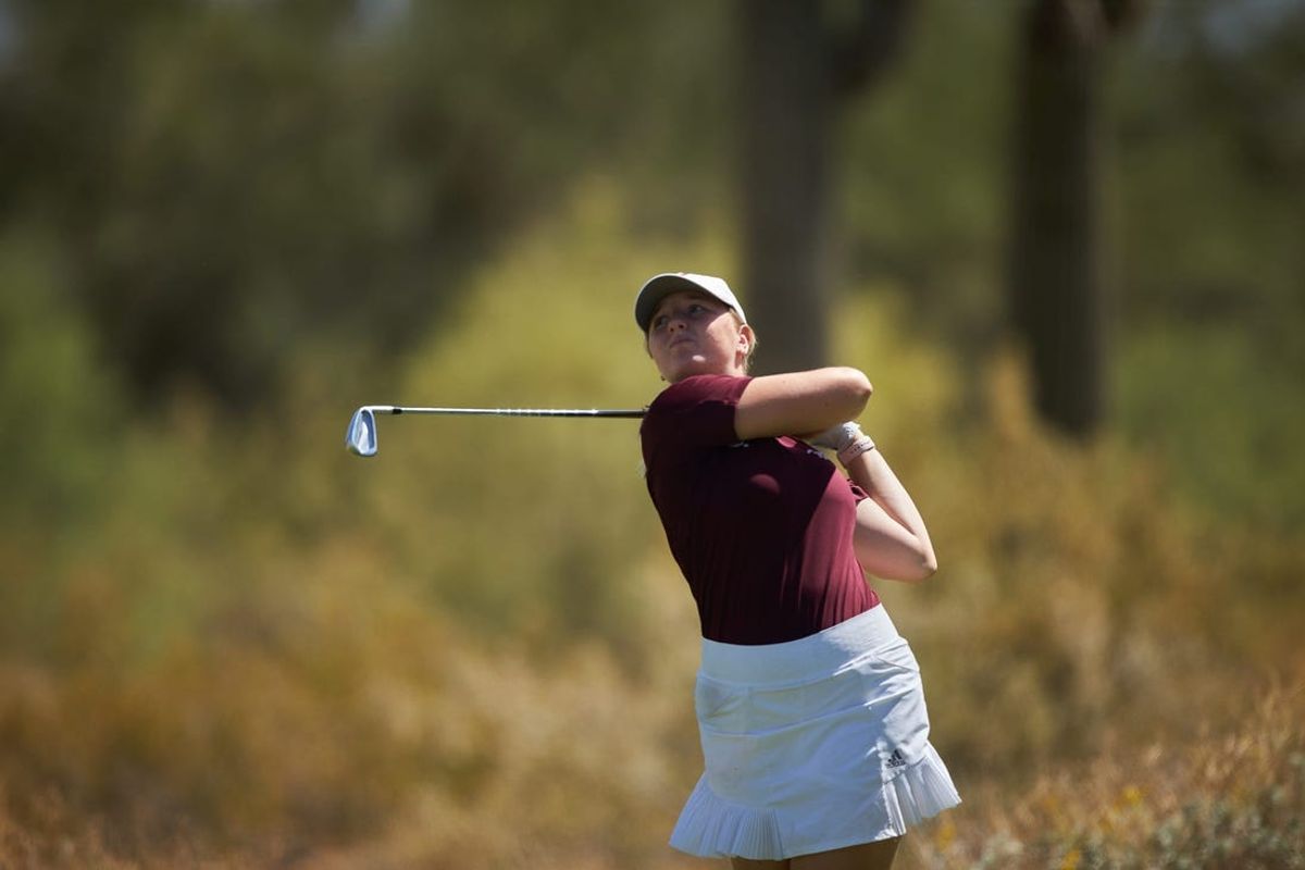 May 23, 2022; Scottsdale, Arizona, USA; Adela Cernousek of Texas A&M tees off on the 9th hole during round four of the NCAA Division 1 Women   s Golf Championships at Grayhawk Golf Club.

Golf Ncaa Wgolf4