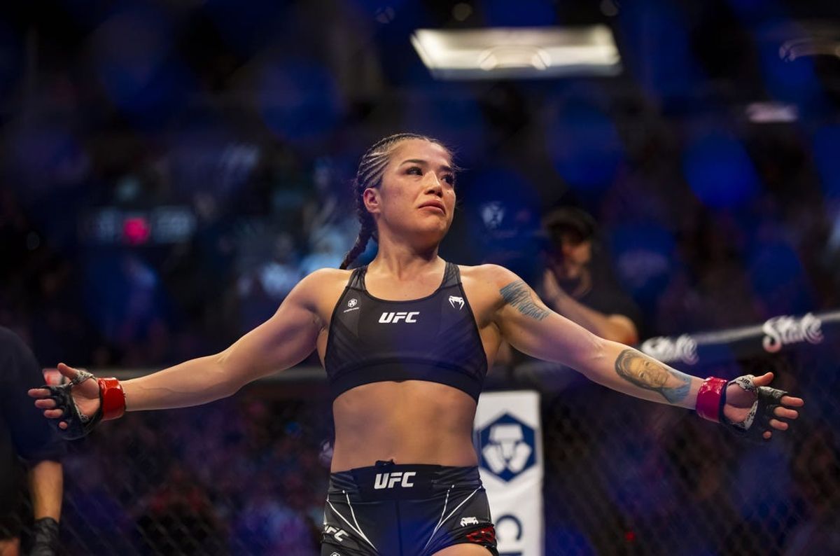 May 7, 2022; Phoenix, Arizona, USA; Tracy Cortez celebrates during UFC 274 at Footprint Center. Mandatory Credit: Mark J. Rebilas-USA TODAY Sports