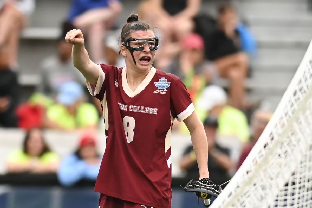 May 27, 2022; Baltimore, MD, USA;  Boston College attack Charlotte North (8) directs the offense during the first half against the Maryland at Johns Hopkins  Homewood Field. Mandatory Credit: Tommy Gilligan-Imagn Images
