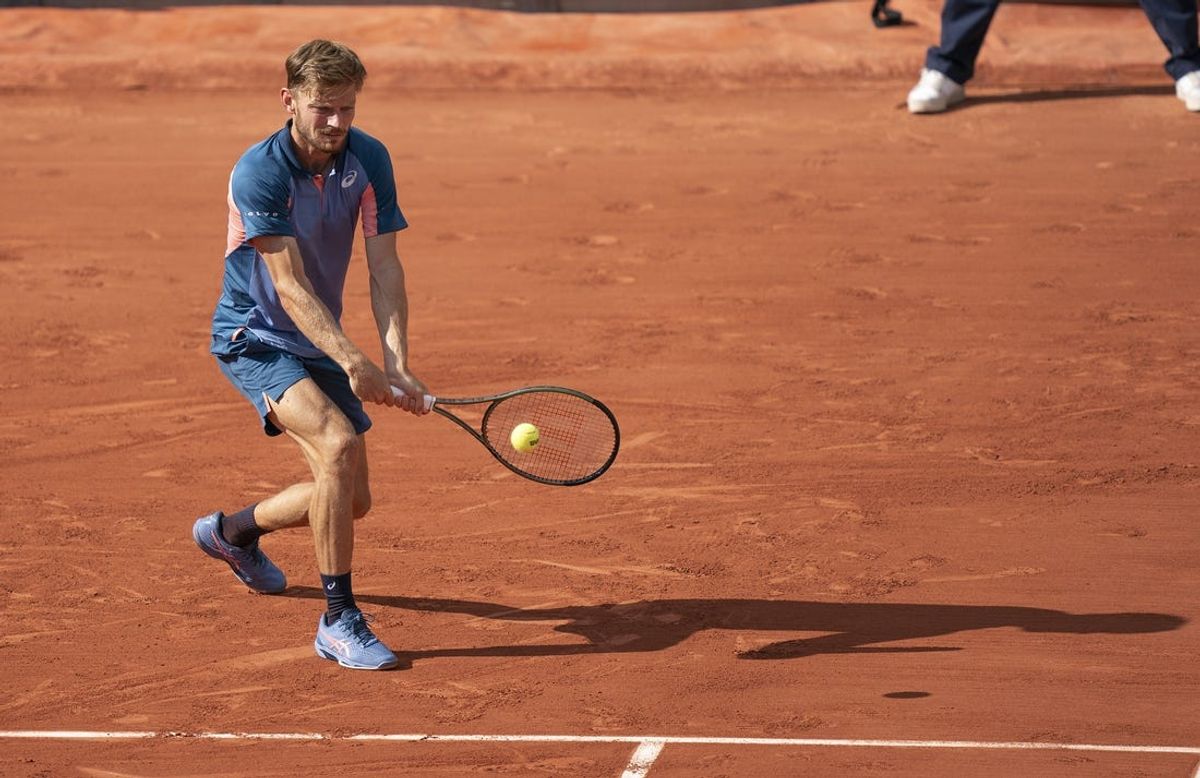 May 28, 2022; Paris, France; David Goffin (BEL) returns a shot to Hubert Hurkacz (POL) during their match on day seven of the French Open at Stade Roland-Garros. Mandatory Credit: Susan Mullane-USA TODAY Sports