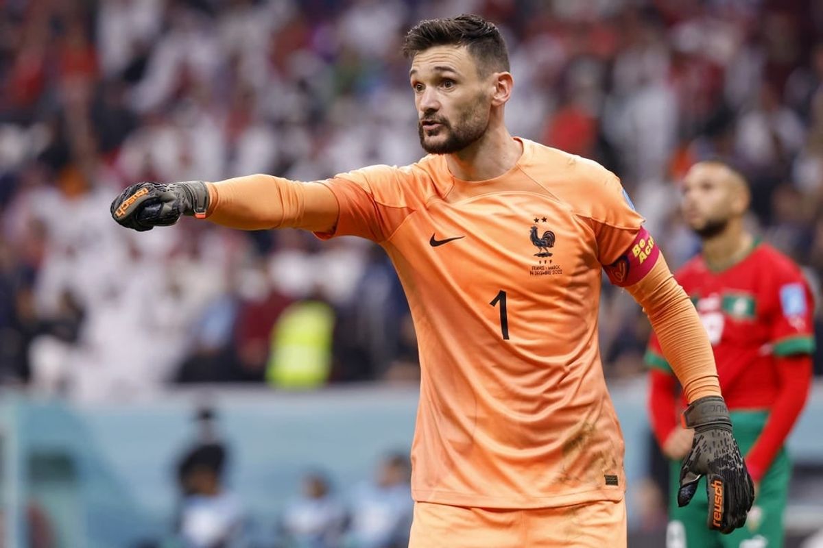 Dec 14, 2022; Al Khor, Qatar; France goalkeeper Hugo Lloris (1) gestures against Morocco during the first half of a semifinal match during the 2022 World Cup at Al Bayt Stadium.
