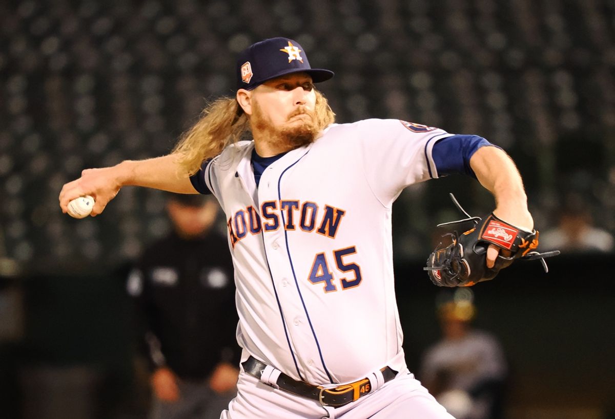 May 31, 2022; Oakland, California, USA; Houston Astros relief pitcher Ryan Stanek (45) pitches the ball against the Oakland Athletics during the sixth inning at RingCentral Coliseum. Mandatory Credit: Kelley L Cox-USA TODAY Sports