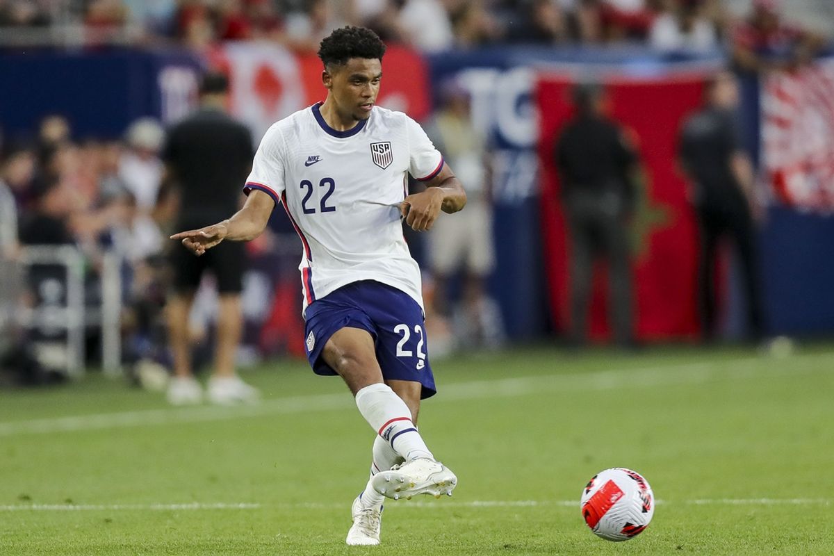 Jun 1, 2022; Cincinnati, Ohio, USA; United States defender Reggie Cannon (22) dribbles against Morocco in the second half during an International friendly soccer match at TQL Stadium. Mandatory Credit: Katie Stratman-Imagn Images