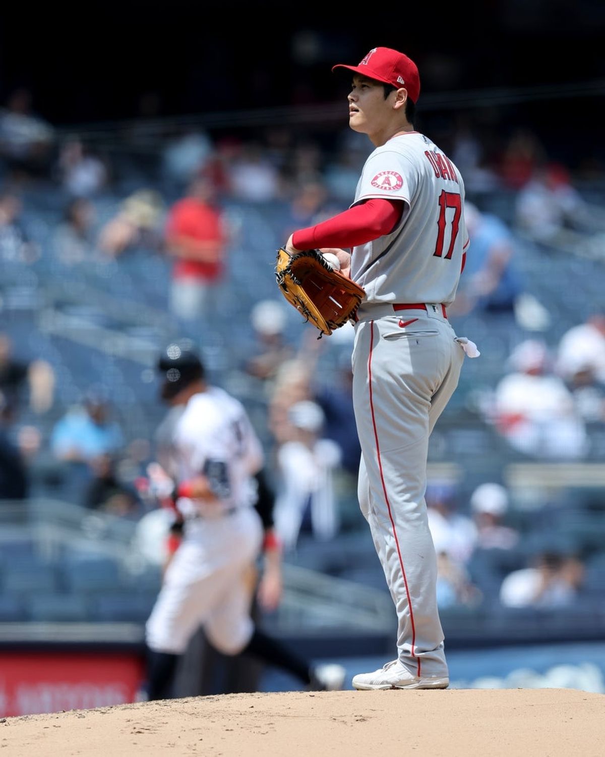 Jun 2, 2022; Bronx, New York, USA; New York Yankees center fielder Aaron Judge (99) rounds the bases after hitting a solo home run against Los Angeles Angels starting pitcher Shohei Ohtani (17) during the third inning at Yankee Stadium. Mandatory Credit: Brad Penner-Imagn Images