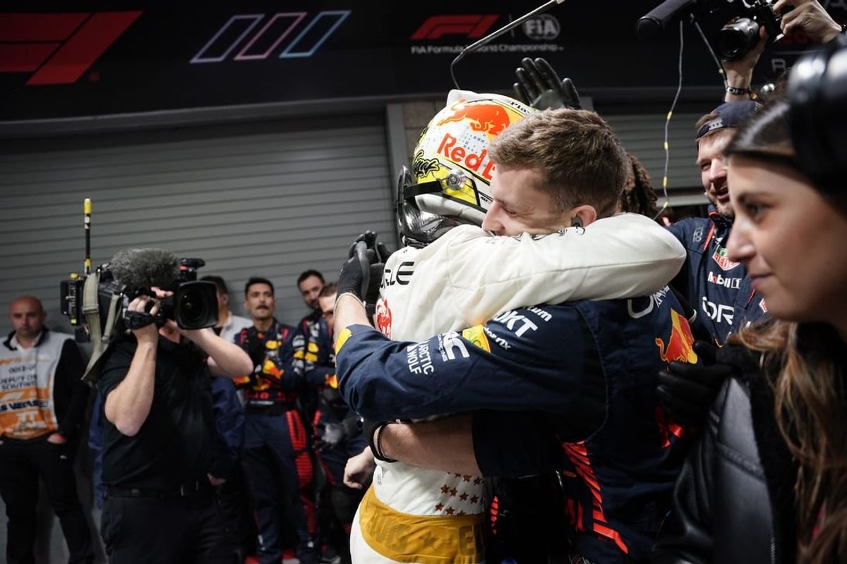 Nov 18, 2023; Las Vegas, Nevada, USA; Red Bull Racing Honda driver Max Verstappen of Netherlands (1) celebrates with his team after winning the Formula 1 Heineken Silver Las Vegas Grand Prix at the Las Vegas Strip Circuit.