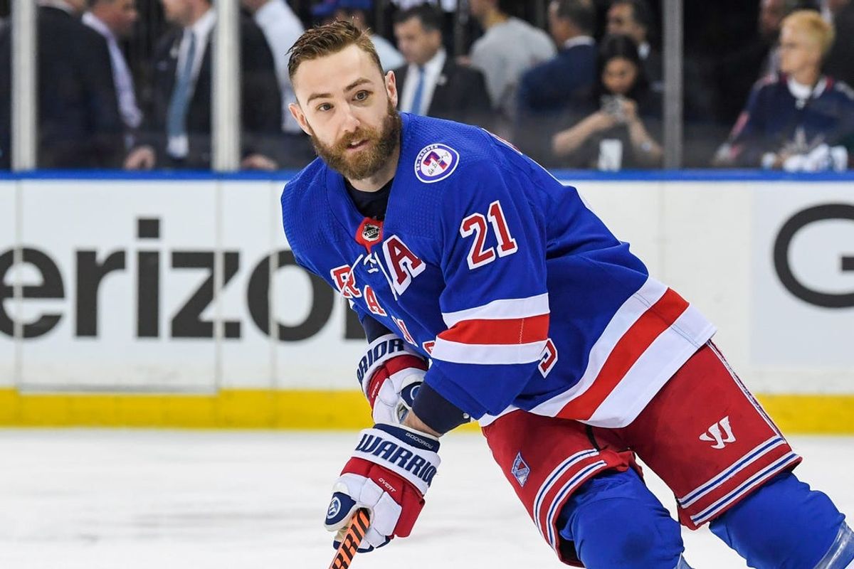 Jun 3, 2022; New York, New York, USA; New York Rangers center Barclay Goodrow (21) warms up before game two of the Eastern Conference Final of the 2022 Stanley Cup Playoffs at Madison Square Garden. Mandatory Credit: Dennis Schneidler-USA TODAY Sports