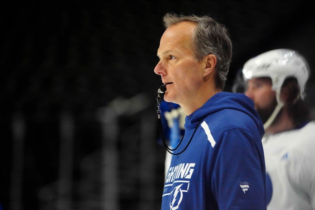 Jun 14, 2022; Denver, Colorado, USA; Tampa Bay Lightning head coach Jon Cooper during media day for the 2022 Stanley Cup Final at Ball Arena. Mandatory Credit: Ron Chenoy-Imagn Images