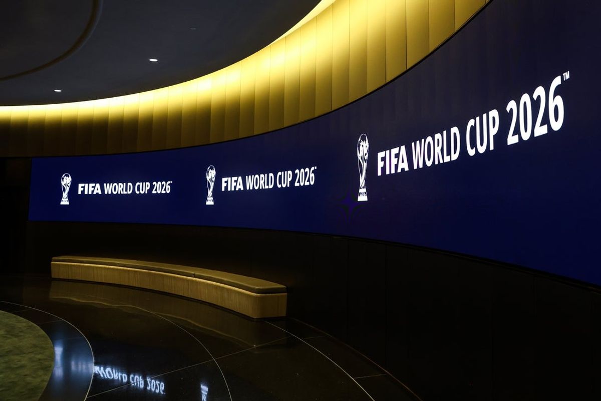 Jun 16, 2022; New York, New York, USA; A general view of a hallway showing the FIFA World Cup 2026 logo leading to the FIFA World Cup Announcement room. Mandatory Credit: Jessica Alcheh-Imagn Images