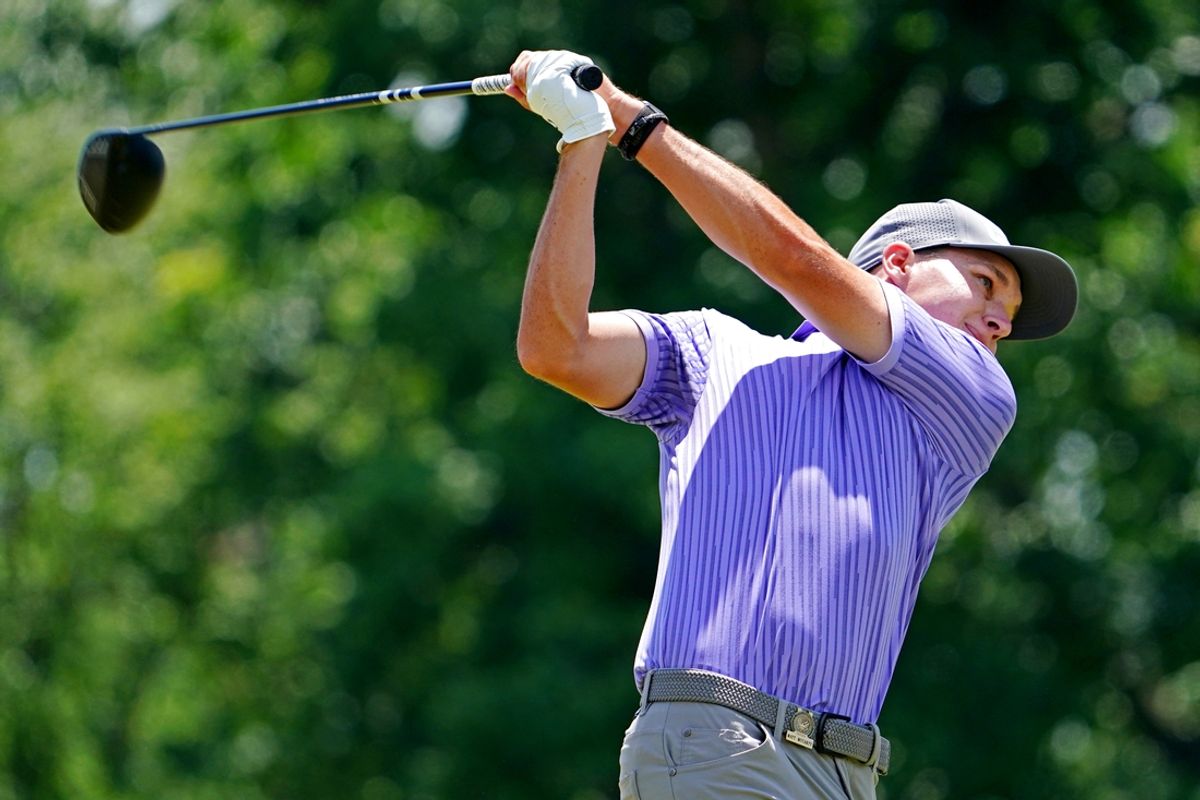 Jun 17, 2022; Brookline, Massachusetts, USA; Matt McCarty plays his shot from the tenth tee during the second round of the U.S. Open golf tournament. Mandatory Credit: Peter Casey-Imagn Images