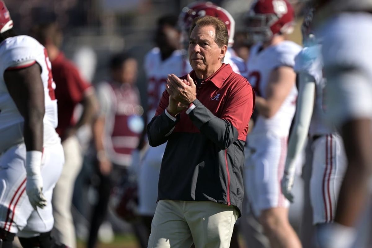Jan 1, 2024; Pasadena, CA, USA; Alabama Crimson Tide head coach Nick Saban looks before the game against the Michigan Wolverines in the 2024 Rose Bowl college football playoff semifinal game at Rose Bowl.