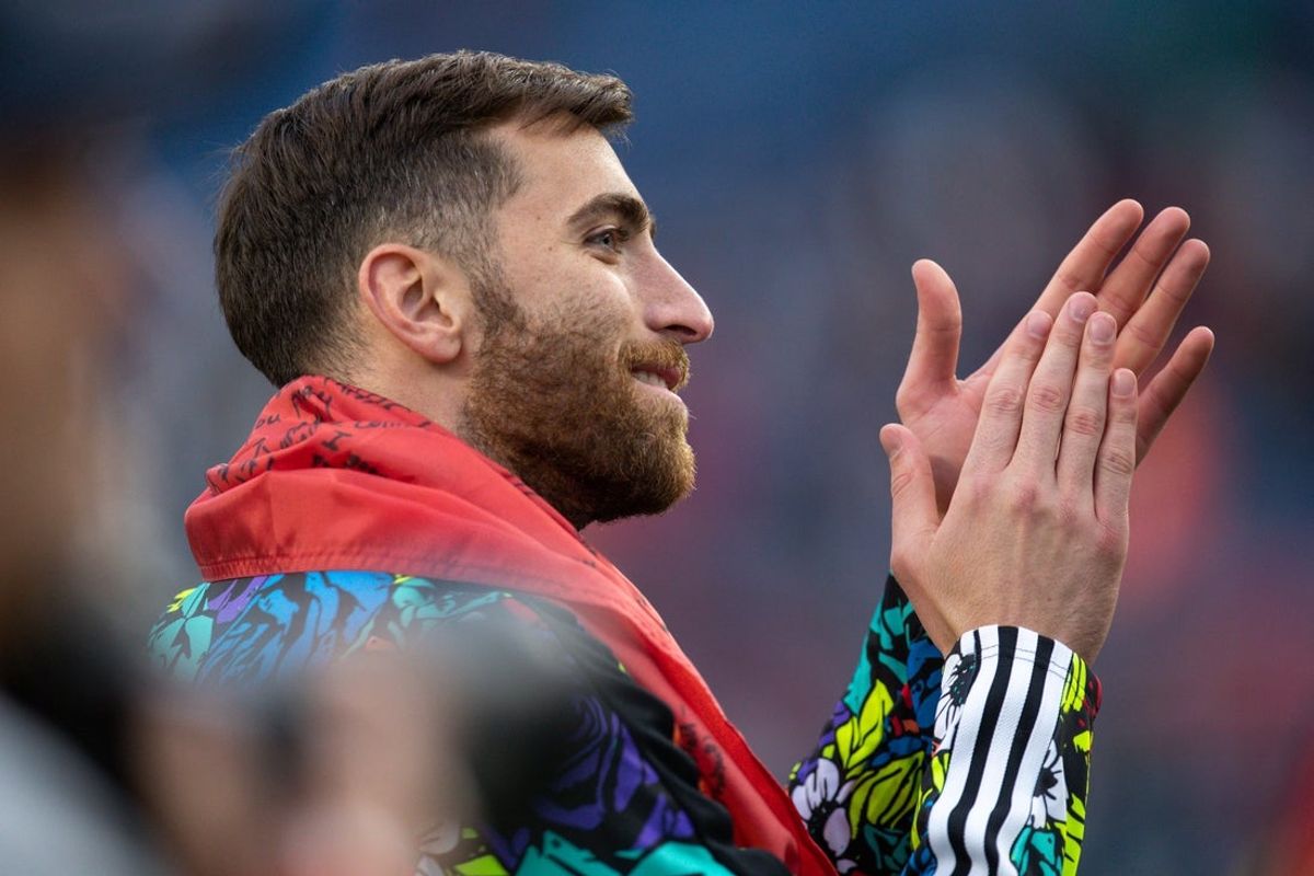 Jun 19, 2022; Foxborough, Massachusetts, USA; New England Revolution goalkeeper Matt Turner (30) looks to the crowd during his last game at Gillette Stadium. Mandatory Credit: Paul Rutherford-Imagn Images