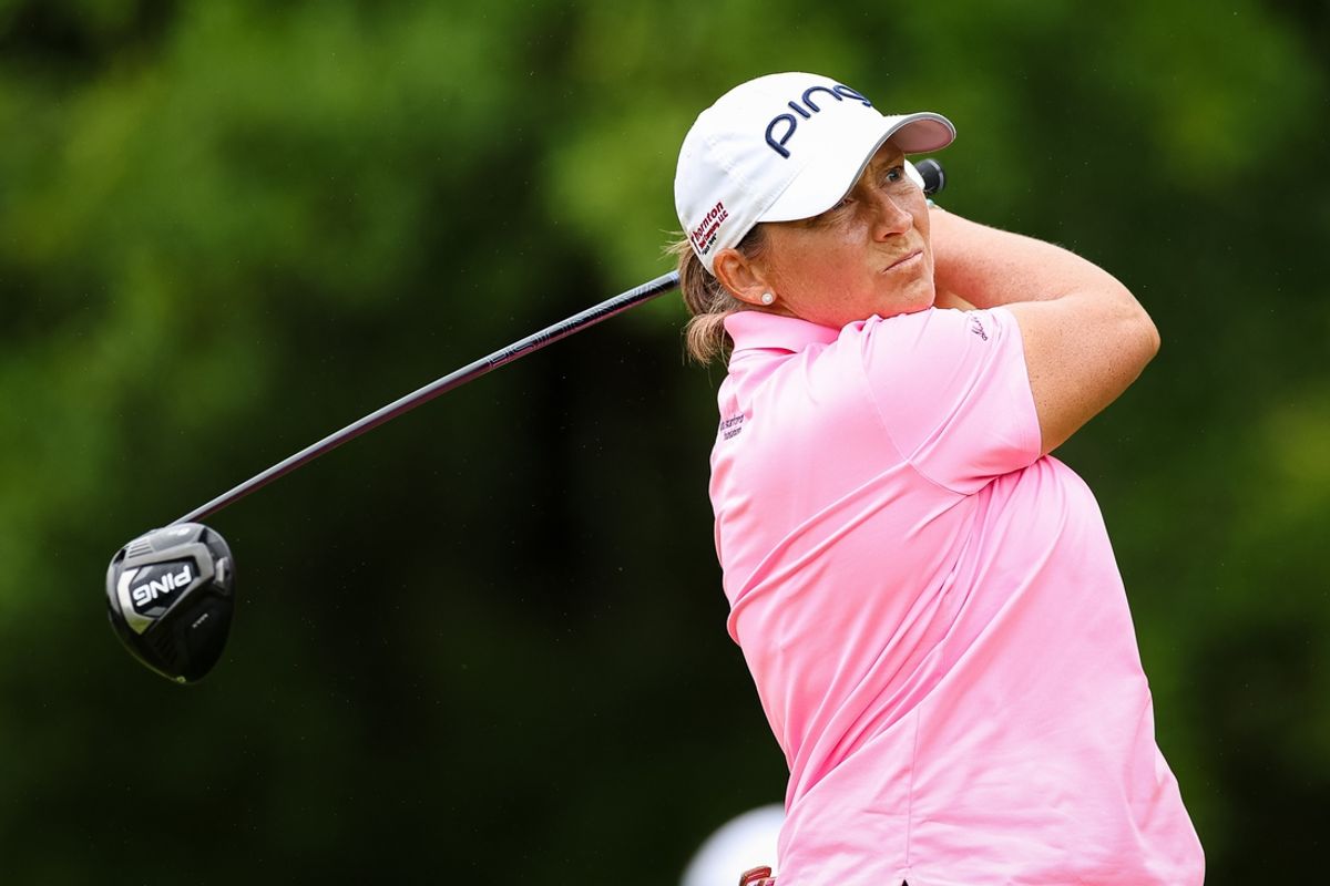Jun 23, 2022; Bethesda, Maryland, USA; Angela Stanford plays her shot from the 11th tee during the first round of the KPMG Women's PGA Championship golf tournament at Congressional Country Club. Mandatory Credit: Scott Taetsch-Imagn Images