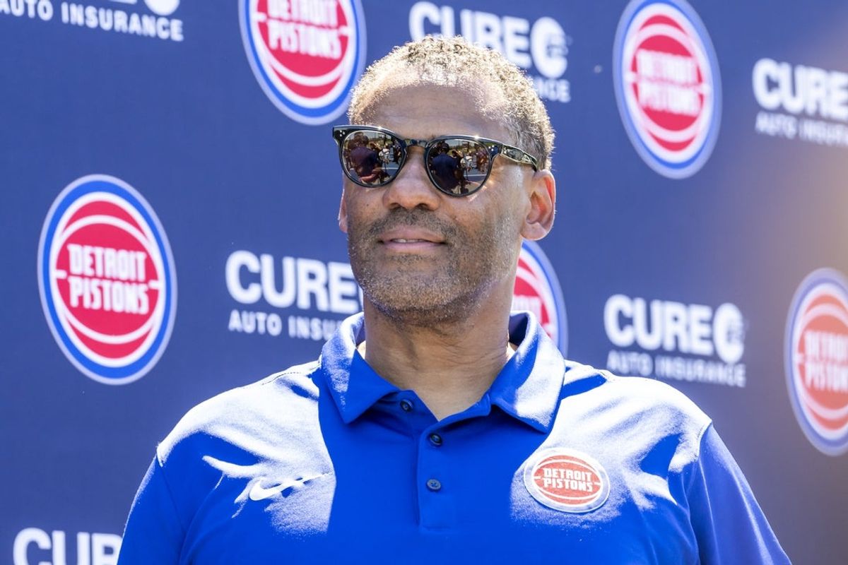 Jun 24, 2022; Detroit, Michigan, USA; Detroit Pistons general manager Troy Weaver looks on during the Pistons 2022 NBA Draft Introductory Press Conference. Mandatory Credit: Raj Mehta-Imagn Images