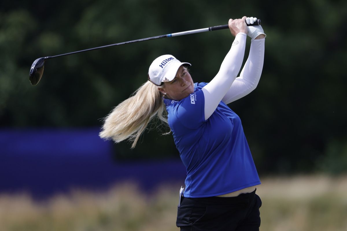 Jun 24, 2022; Bethesda, Maryland, USA; Brittany Lincicome hits a tee shot on the third hole during the second round of the KPMG Women's PGA Championship golf tournament. Mandatory Credit: Geoff Burke-Imagn Images