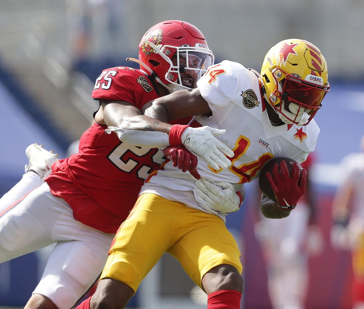Stars receiver Diondre Overton runs after a catch in his team's win over the Generals in a USFL semifinal at Tom Benson Hall of Fame Stadium, Saturday, June 25, 2022.